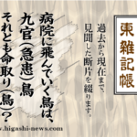 東 雑記帳 － 病院に飛んでいく鳥は、九官（急患）鳥それとも命取り（鳥）？